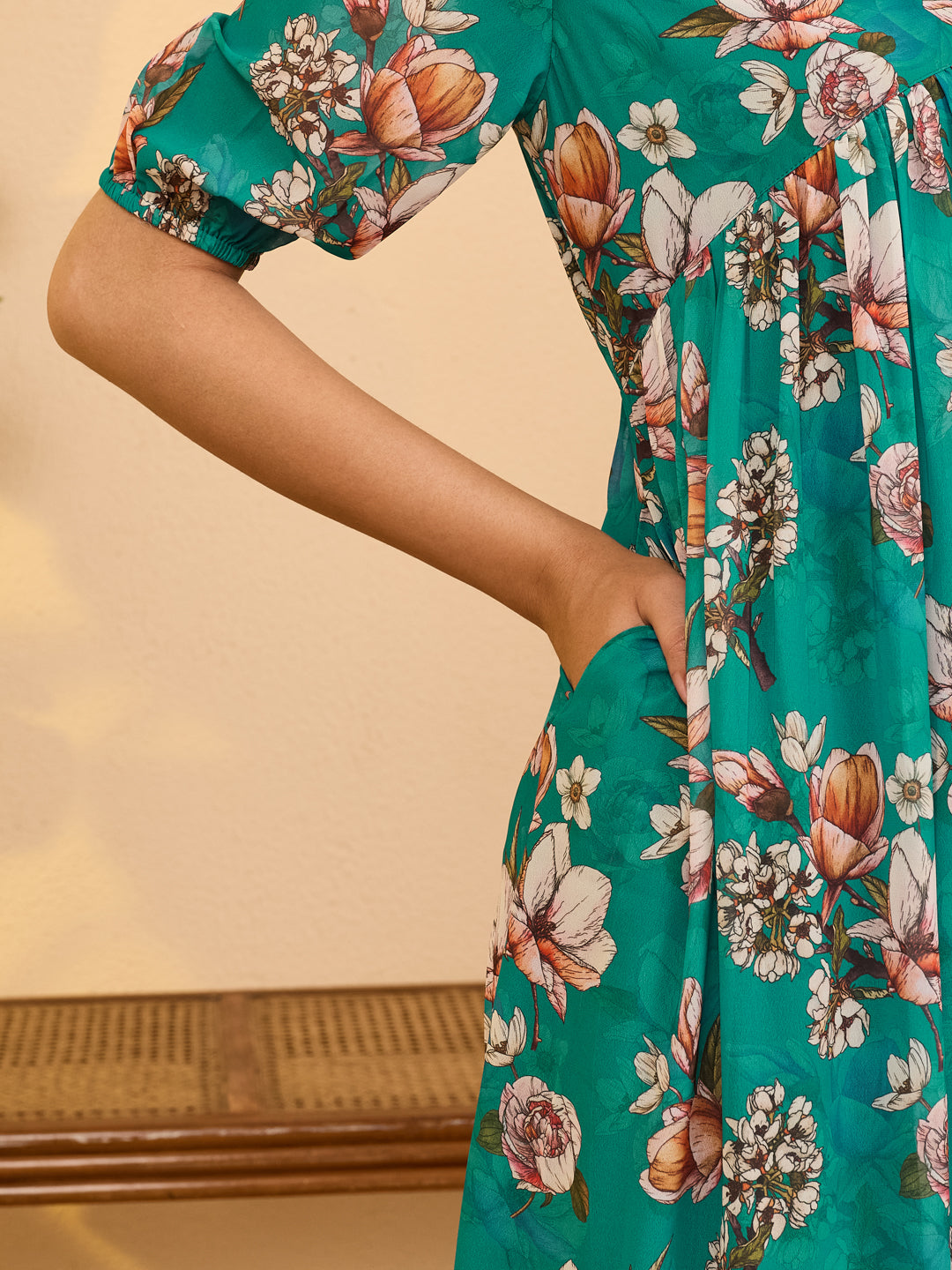 Janasya Women's Sea Green Georgette Floral Printed Gathered Dress