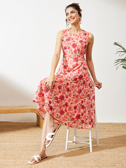 Janasya Women's Peach Georgette Floral Printed Flared Dress