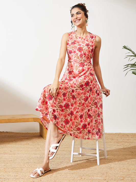 Janasya Women's Peach Georgette Floral Printed Flared Dress
