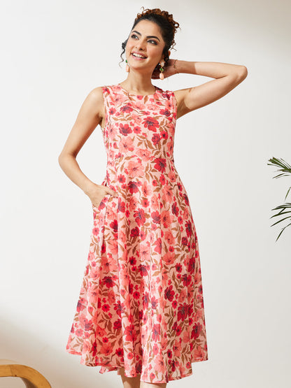 Janasya Women's Peach Georgette Floral Printed Flared Dress