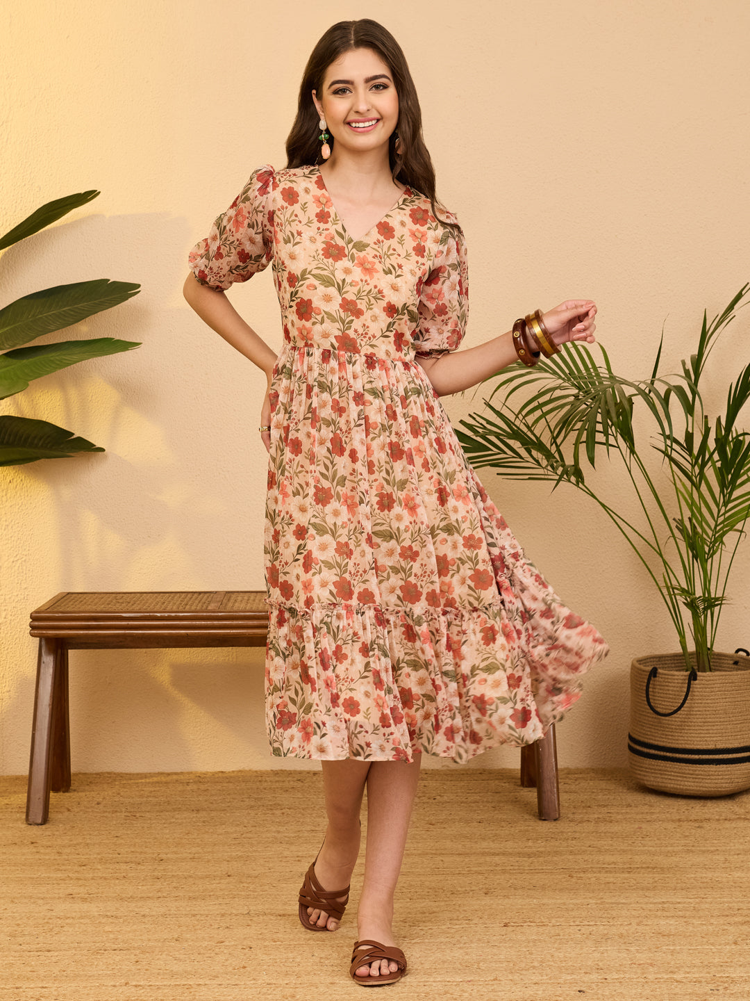 Janasya Women's Beige Chiffon Floral Printed Gathered Dress