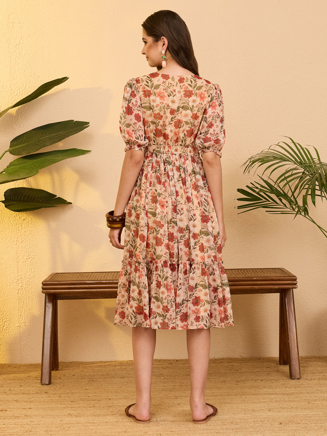 Janasya Women's Beige Chiffon Floral Printed Gathered Dress