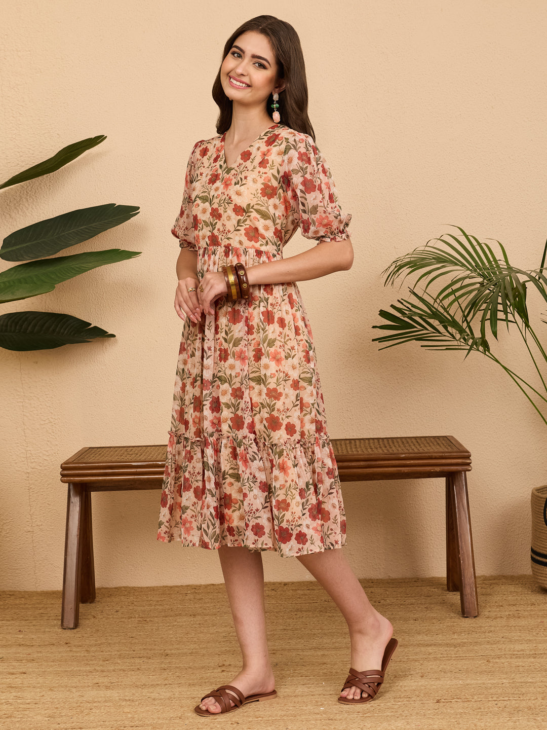 Janasya Women's Beige Chiffon Floral Printed Gathered Dress
