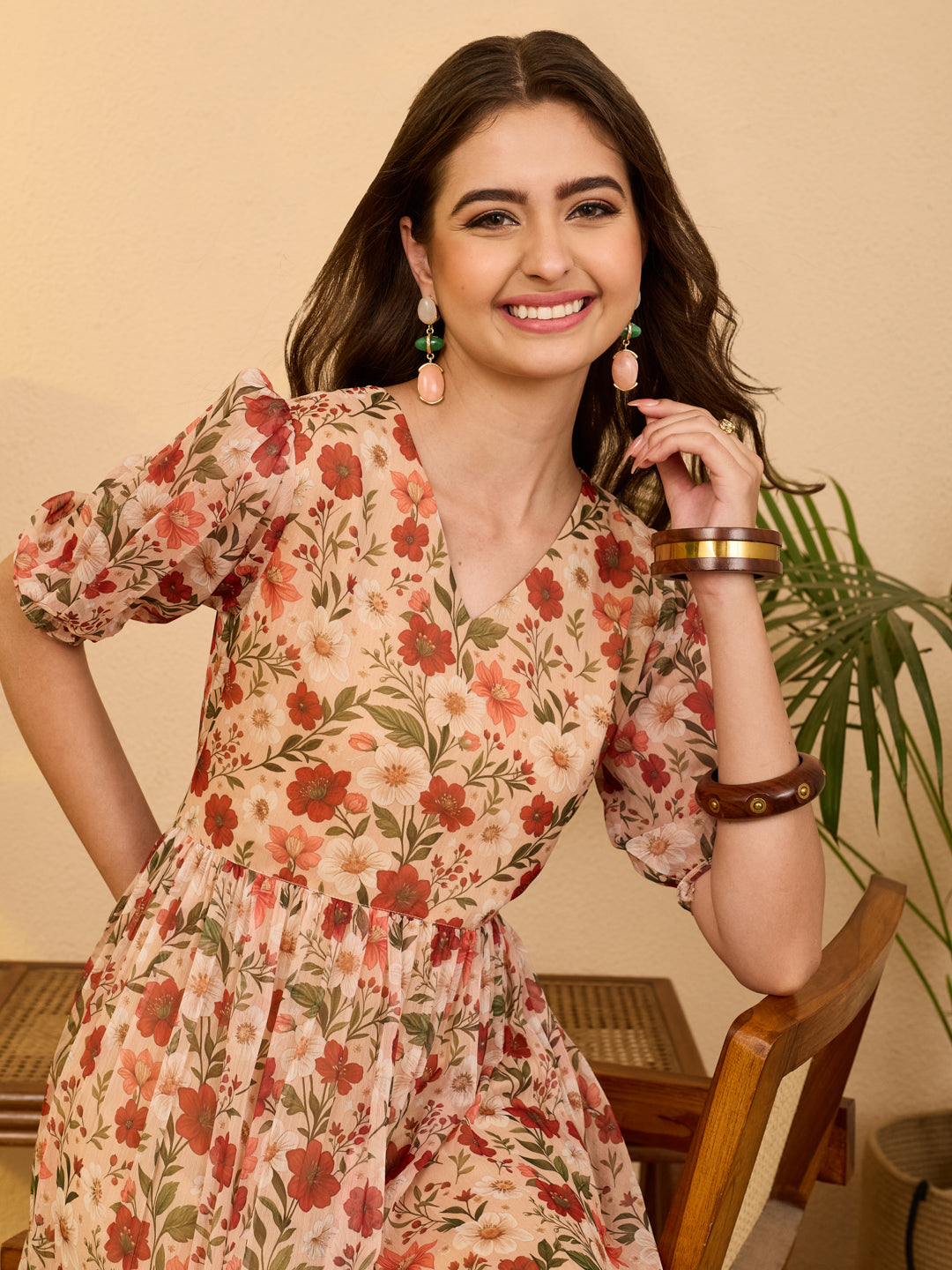 Janasya Women's Beige Chiffon Floral Printed Gathered Dress