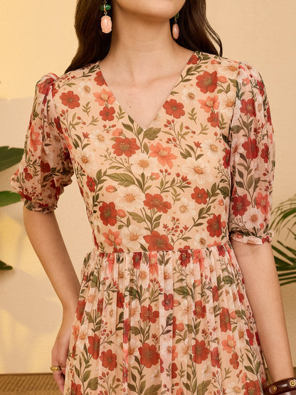 Janasya Women's Beige Chiffon Floral Printed Gathered Dress