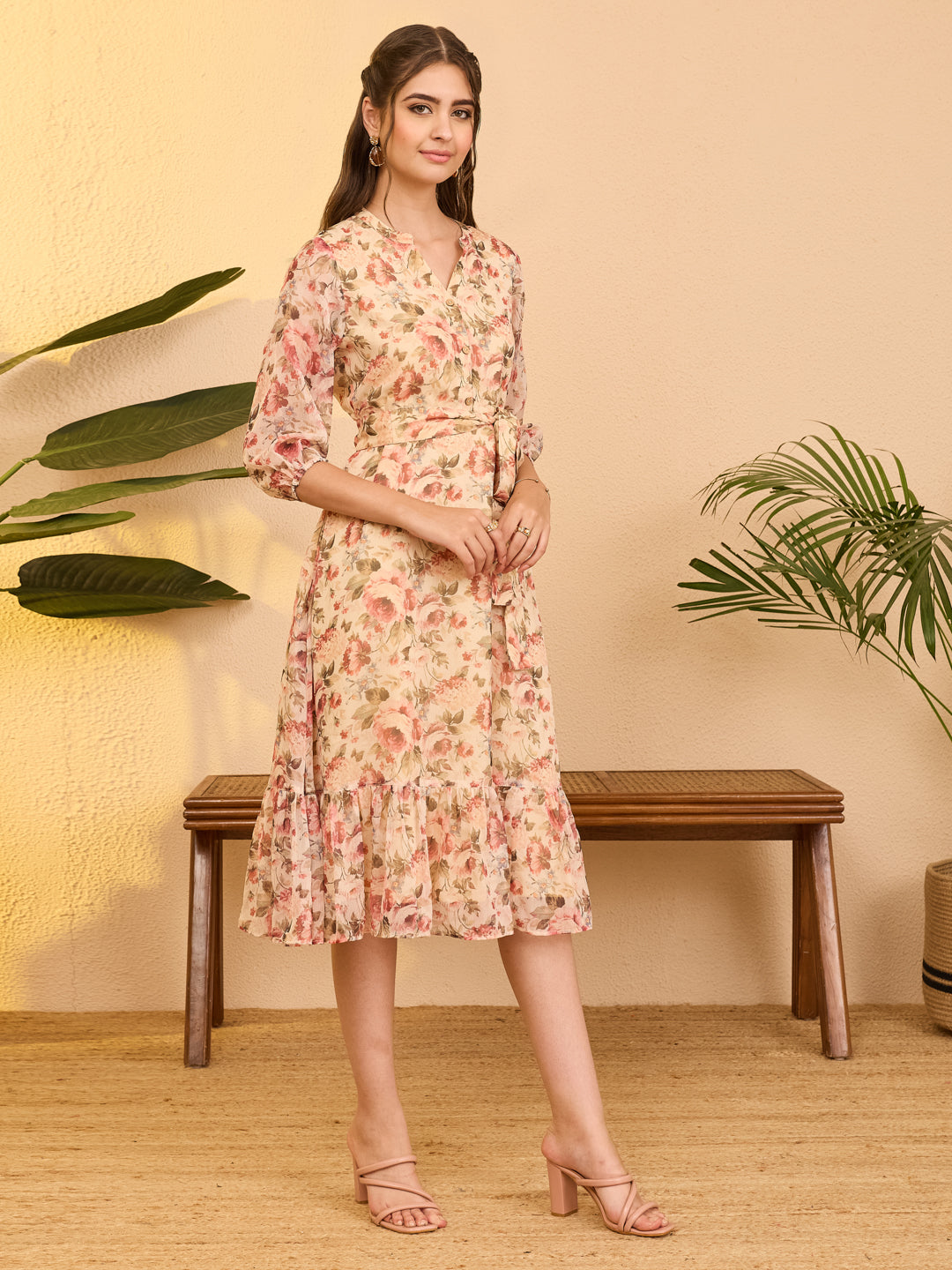 Janasya Women's Beige Chiffon Floral Printed Fit & Flare Dress