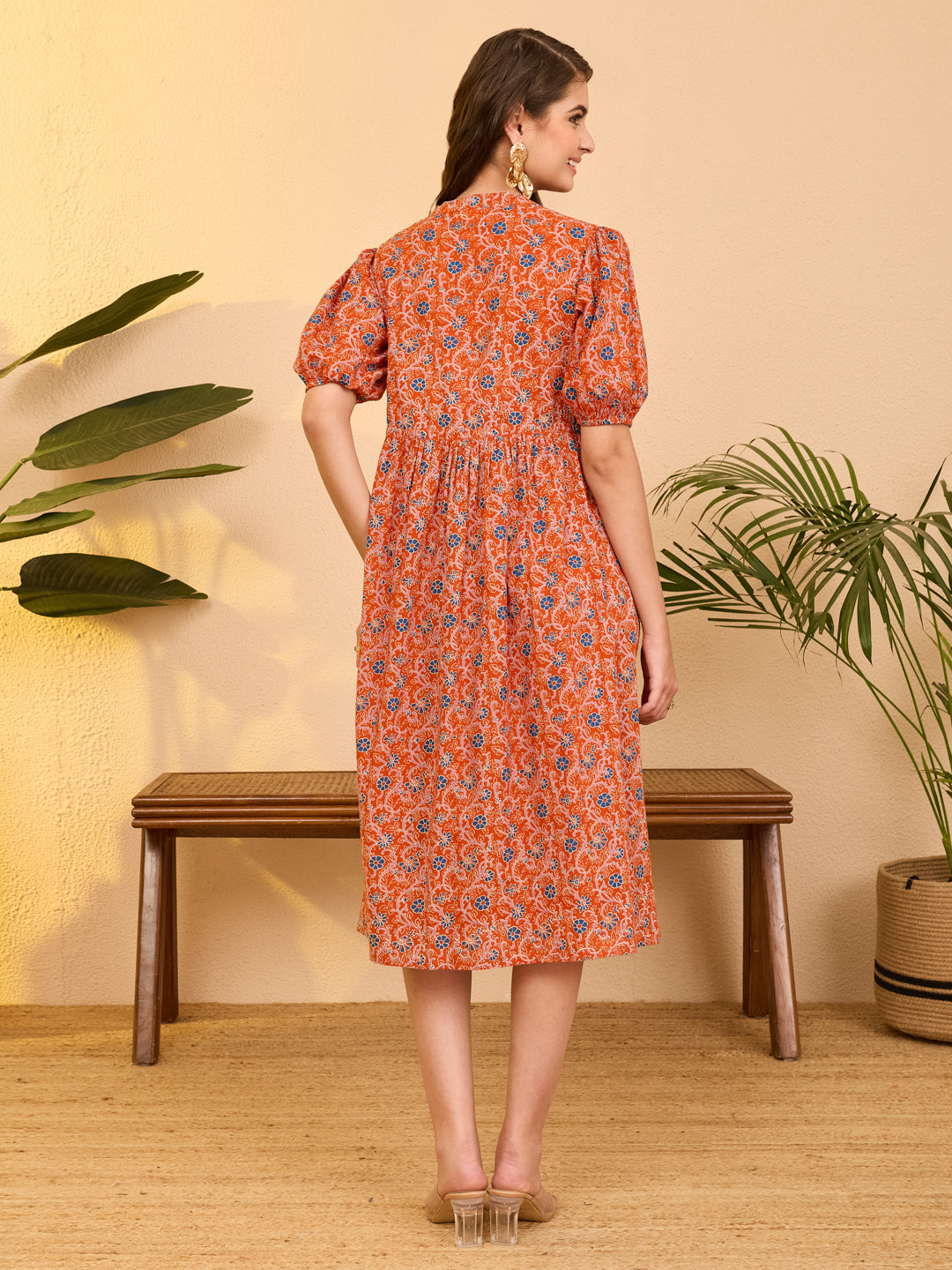 Janasya Women's Orange Pure Cotton Floral Printed Fit & Flare Dress