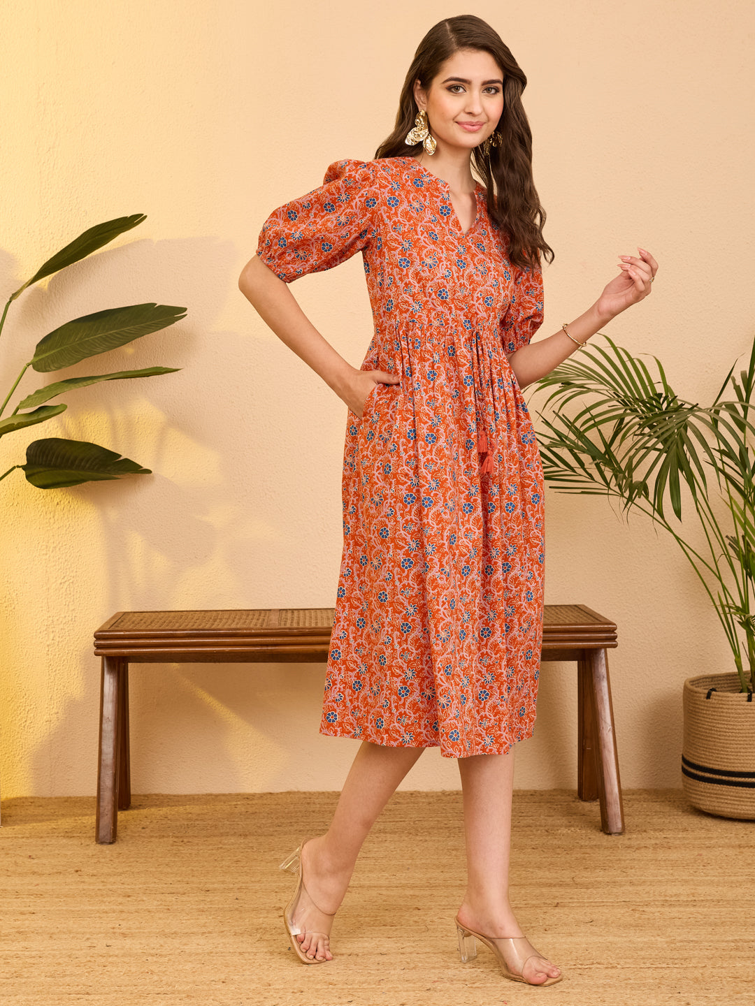 Janasya Women's Orange Pure Cotton Floral Printed Fit & Flare Dress