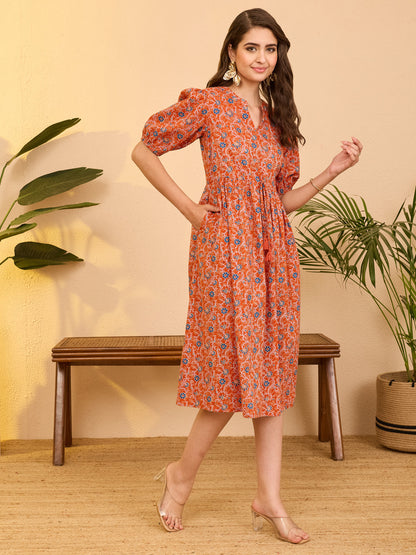 Janasya Women's Orange Pure Cotton Floral Printed Fit & Flare Dress