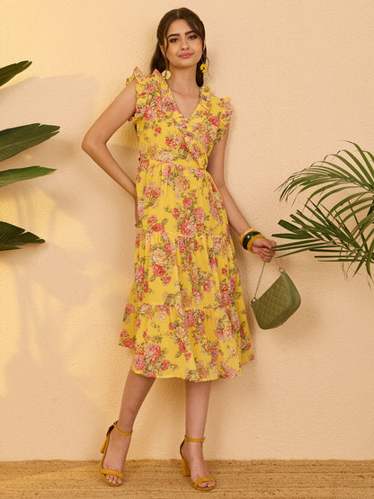 Janasya Women's Yellow Georgette Floral Printed Tiered Dress