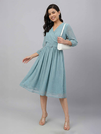 Janasya Women's Aqua Green Dobby Chiffon Solid Fit & Flare Dress