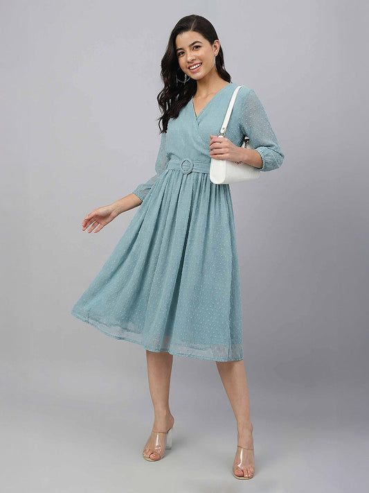 Janasya Women's Aqua Green Dobby Chiffon Solid Fit & Flare Dress