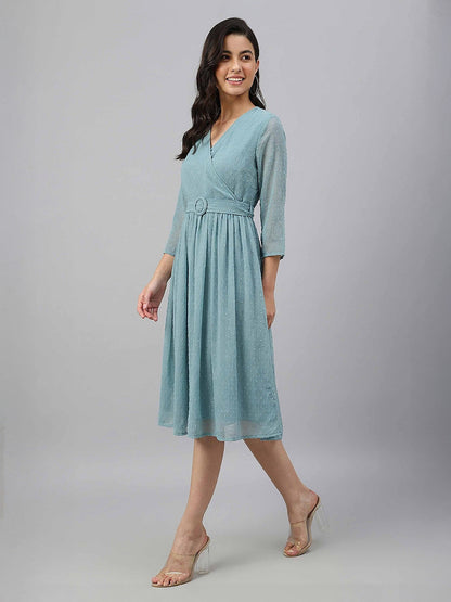 Janasya Women's Aqua Green Dobby Chiffon Solid Fit & Flare Dress