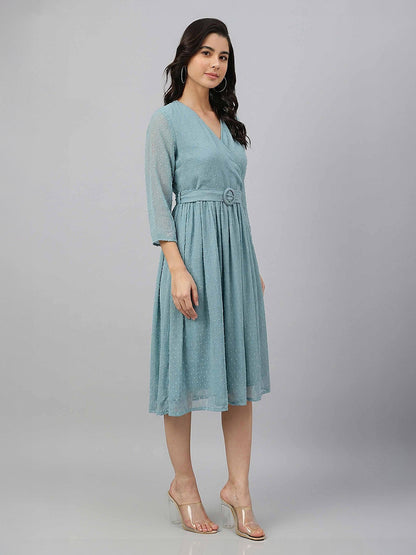 Janasya Women's Aqua Green Dobby Chiffon Solid Fit & Flare Dress