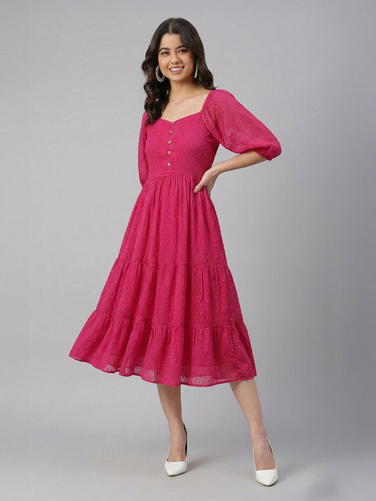 Janasya Women's Magenta Dobby Chiffon Solid Tiered Dress