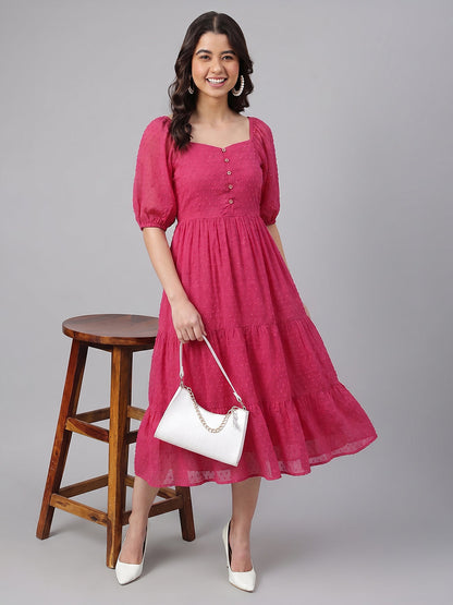 Janasya Women's Magenta Dobby Chiffon Solid Tiered Dress