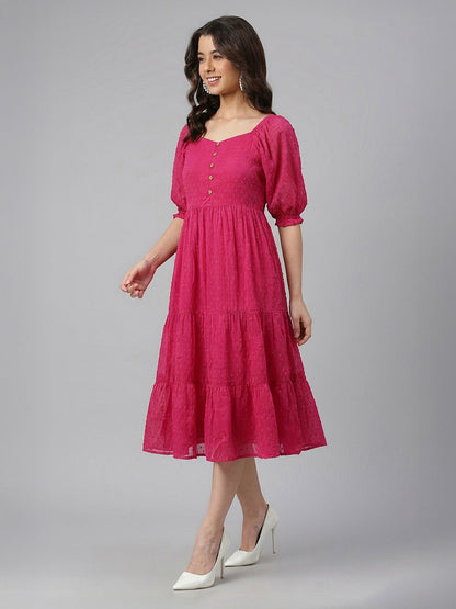 Janasya Women's Magenta Dobby Chiffon Solid Tiered Dress