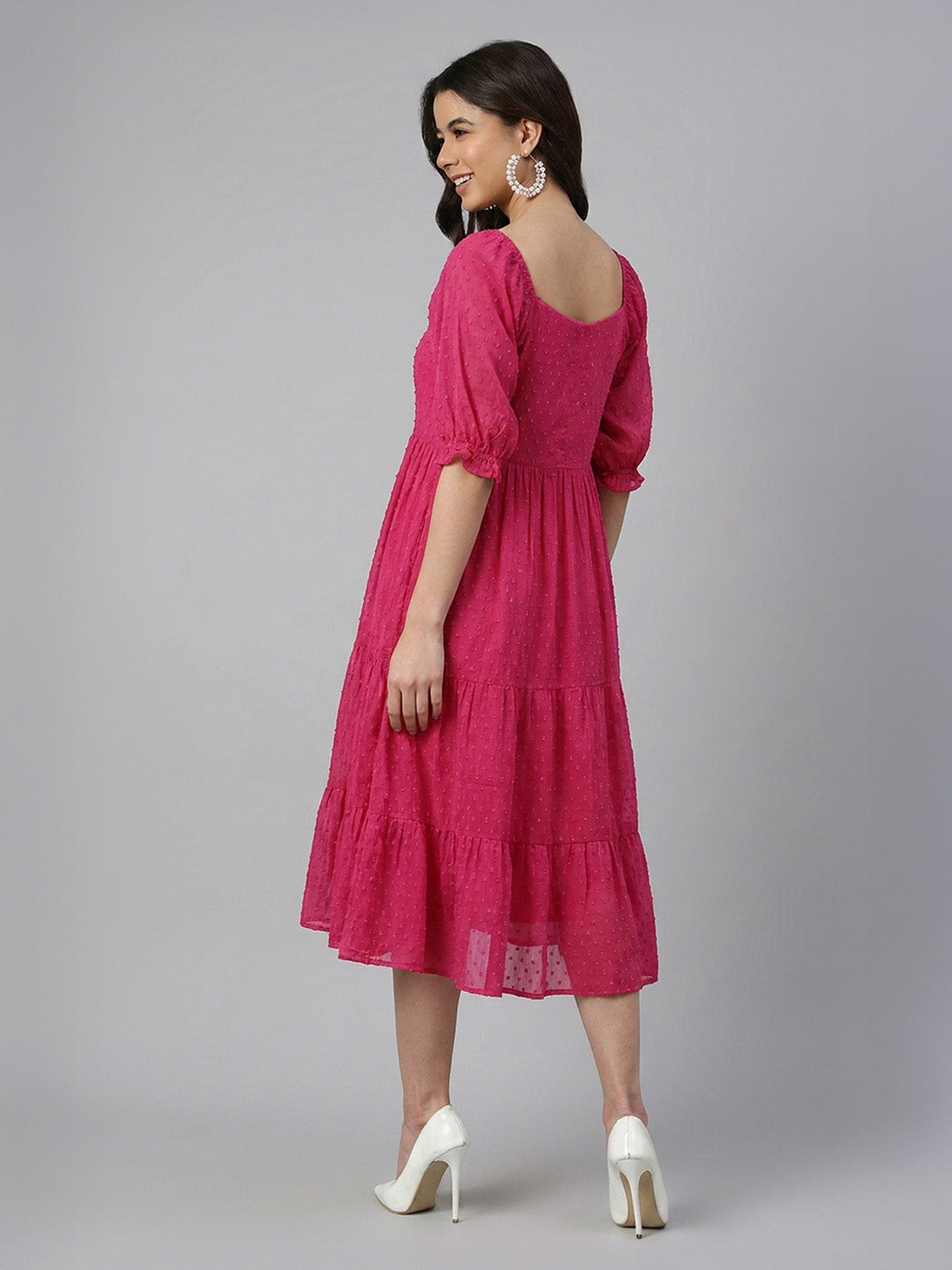 Janasya Women's Magenta Dobby Chiffon Solid Tiered Dress