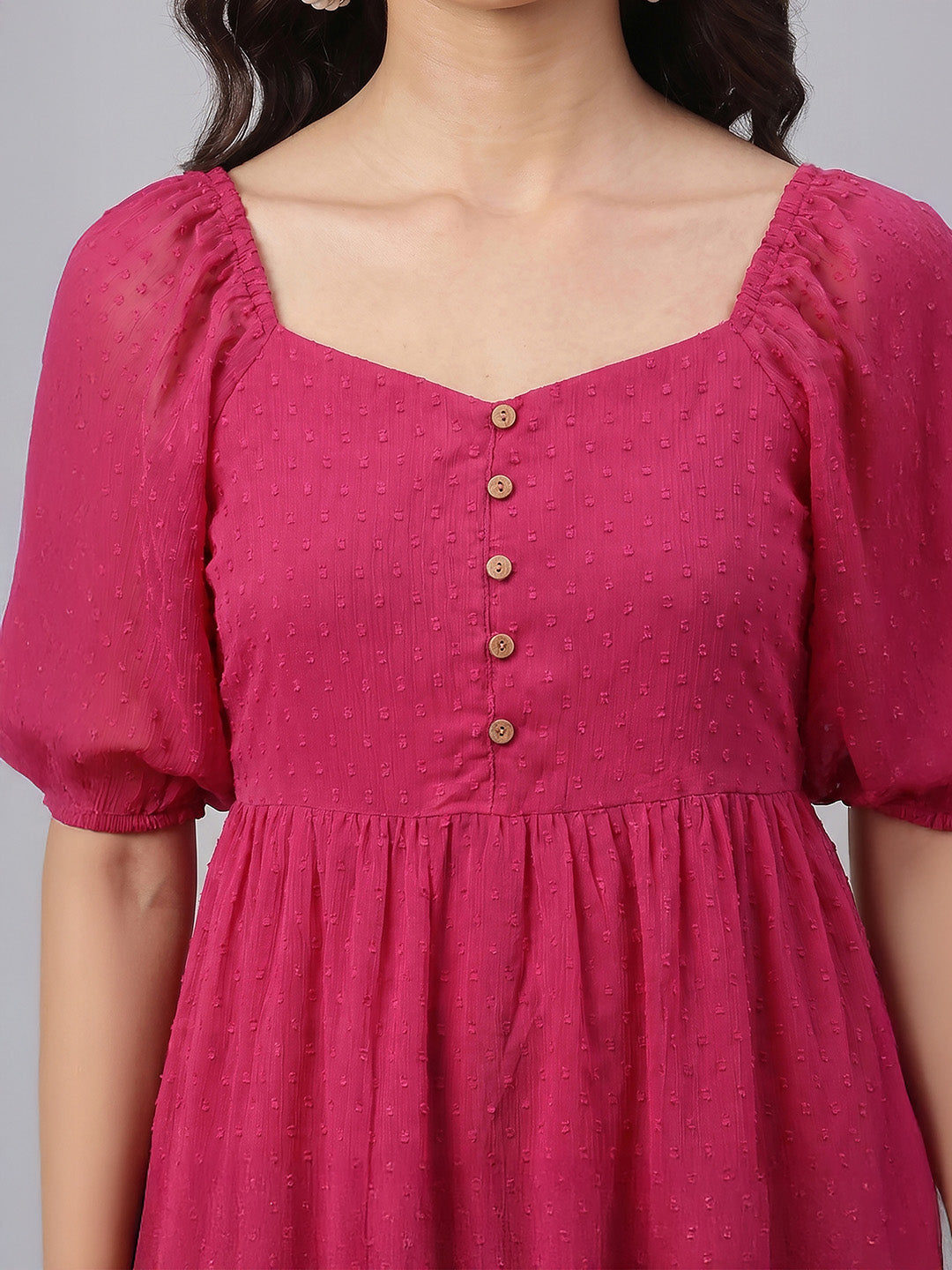 Janasya Women's Magenta Dobby Chiffon Solid Tiered Dress