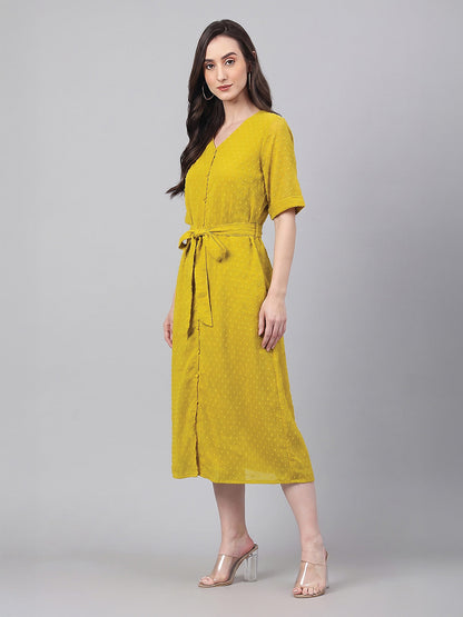 Janasya Women's Lime Dobby Chiffon Self Design A-Line Tie Up Dress