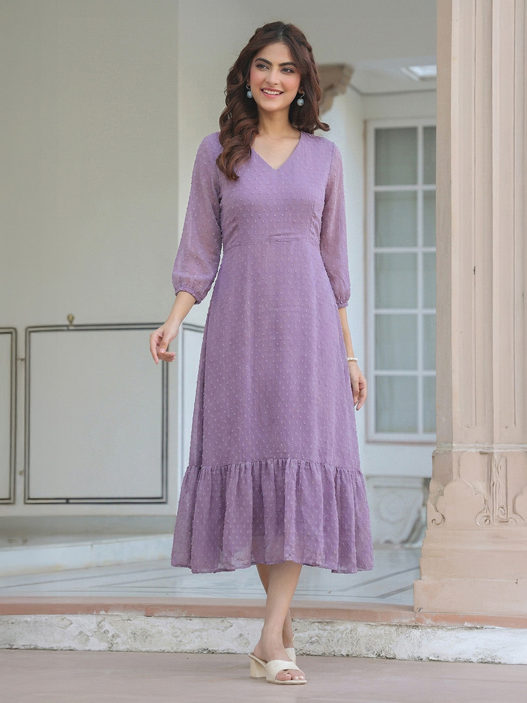 Janasya Women's Lavender Dobby Chiffon Solid A-Line Dress