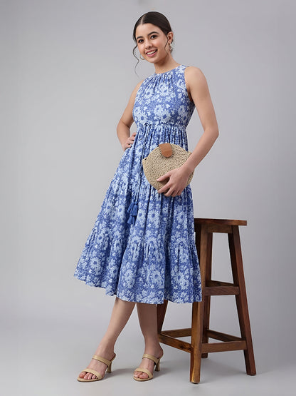 Janasya Women's Blue Pure Cotton Floral Printed Tiered Dress
