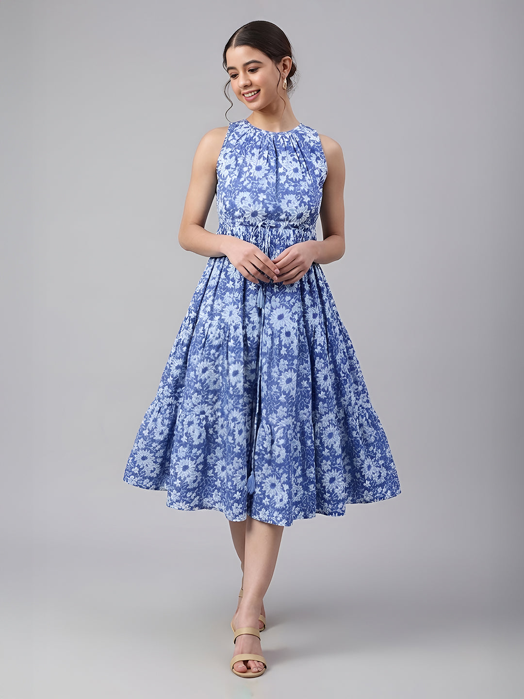 Janasya Women's Blue Pure Cotton Floral Printed Tiered Dress