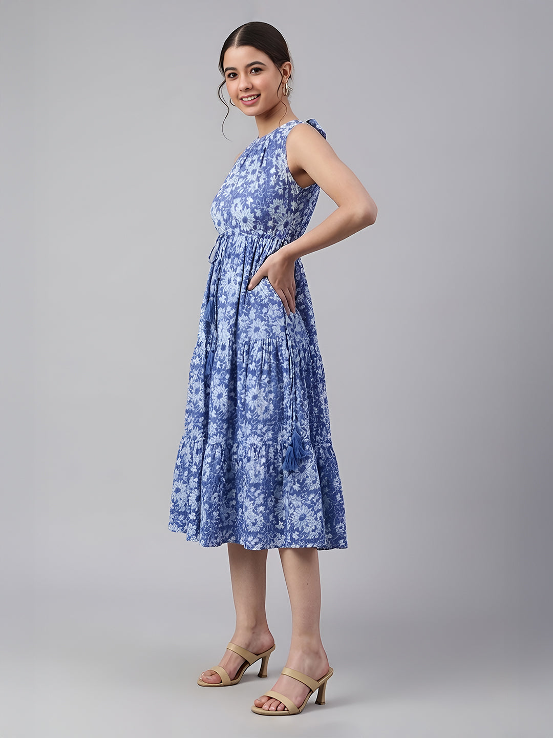 Janasya Women's Blue Pure Cotton Floral Printed Tiered Dress