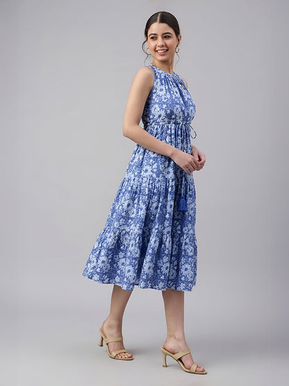Janasya Women's Blue Pure Cotton Floral Printed Tiered Dress