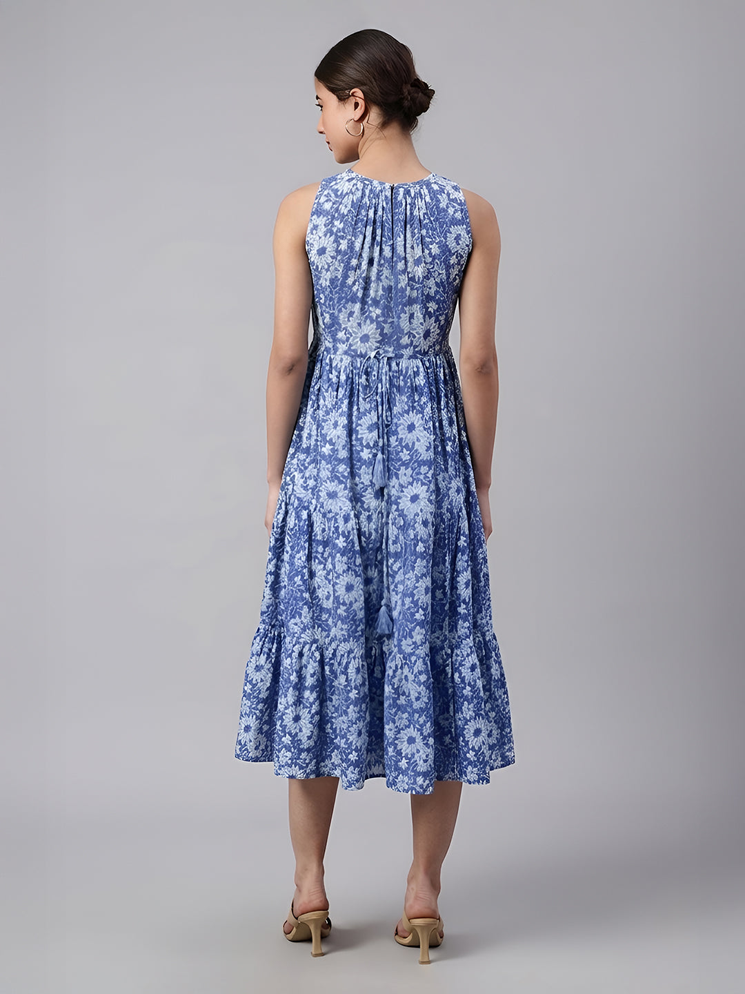 Janasya Women's Blue Pure Cotton Floral Printed Tiered Dress