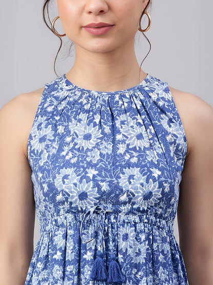 Janasya Women's Blue Pure Cotton Floral Printed Tiered Dress