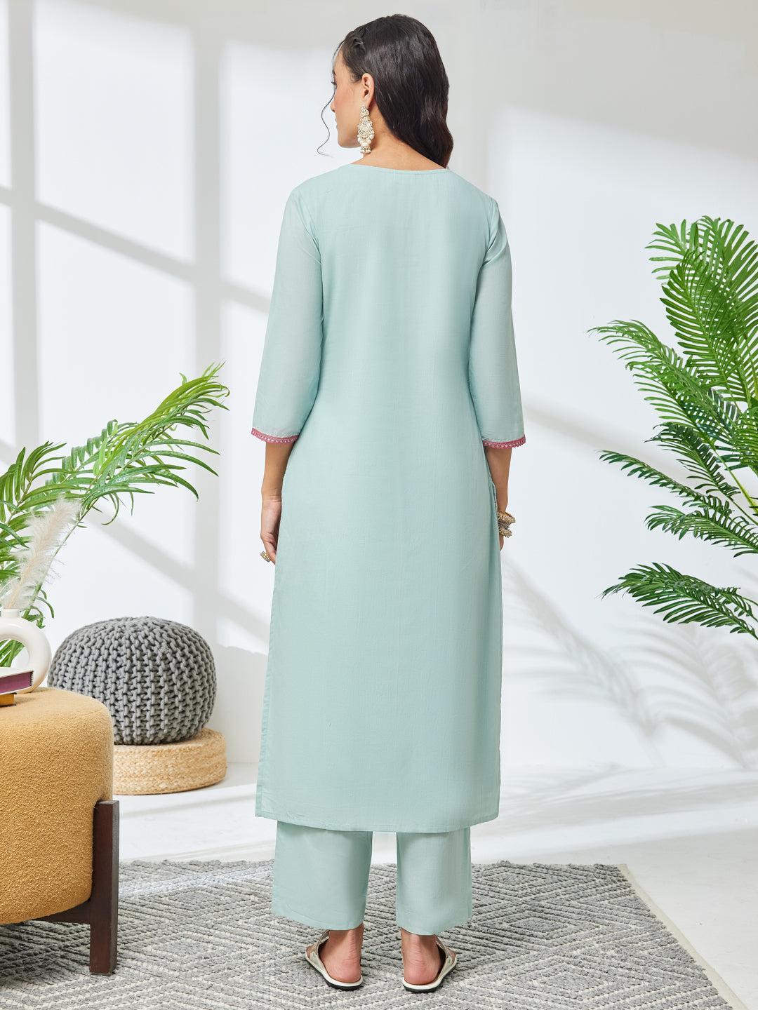 Janasya Women's Sea Green Pure Cotton Embroidered Straight Kurta with Pant Set