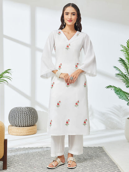 Janasya Women's White Pure Cotton Embroidered Straight Kurta With Pant Set