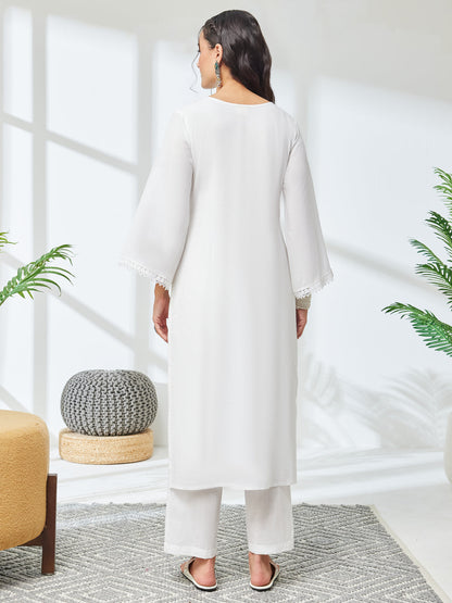Janasya Women's White Pure Cotton Embroidered Straight Kurta With Pant Set