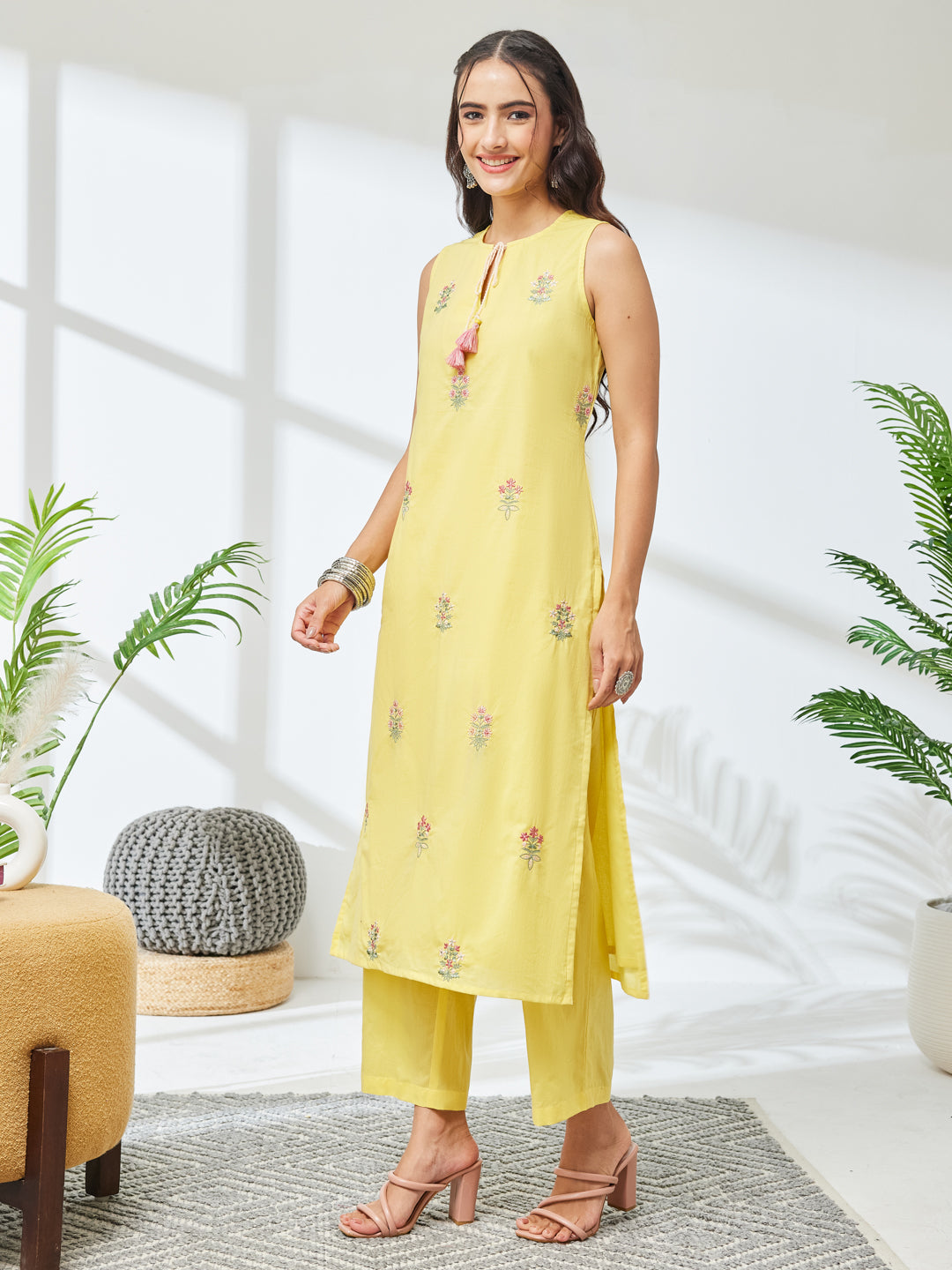 Janasya Women's Yellow Pure Cotton Embroidered Straight Kurta With Pant Set