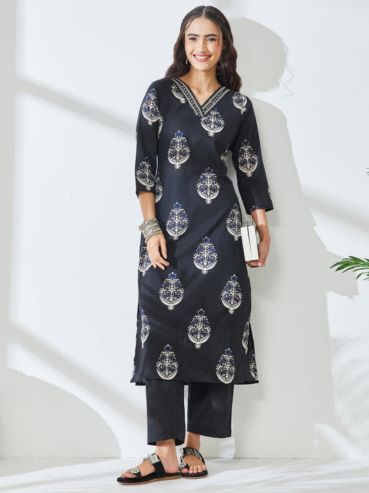 Janasya Women's Black Pure Cotton Ethnic Motifs Printed Straight Kurta With Pant Set