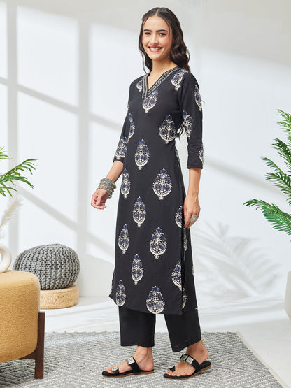 Janasya Women's Black Pure Cotton Ethnic Motifs Printed Straight Kurta With Pant Set
