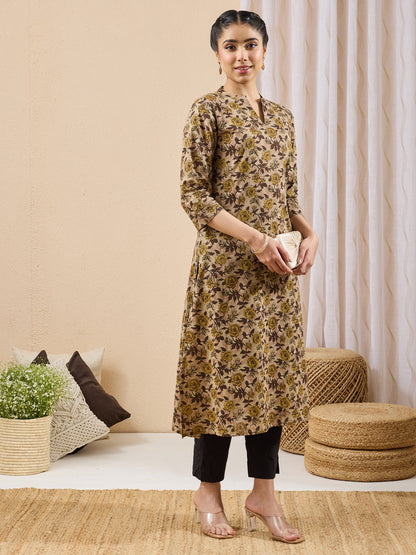 Janasya Women's Brown Pure Cotton Floral Printed Straight Kurta