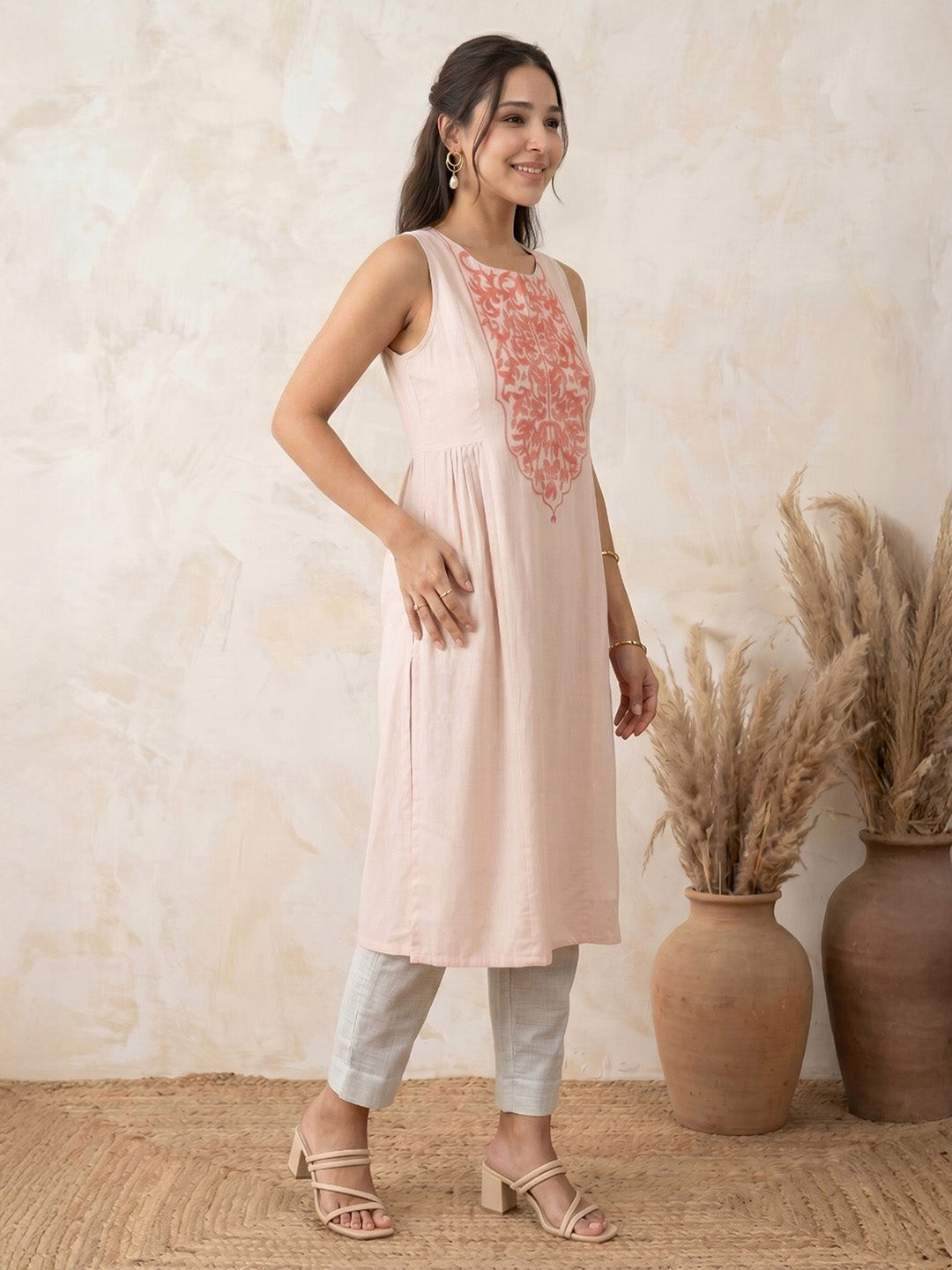 Janasya Women's Beige Rayon Yoke Design A-Line Kurta