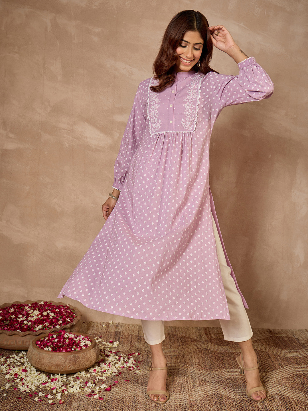 Janasya Women's Lavender Pure Cotton Floral Printed A-Line Kurta