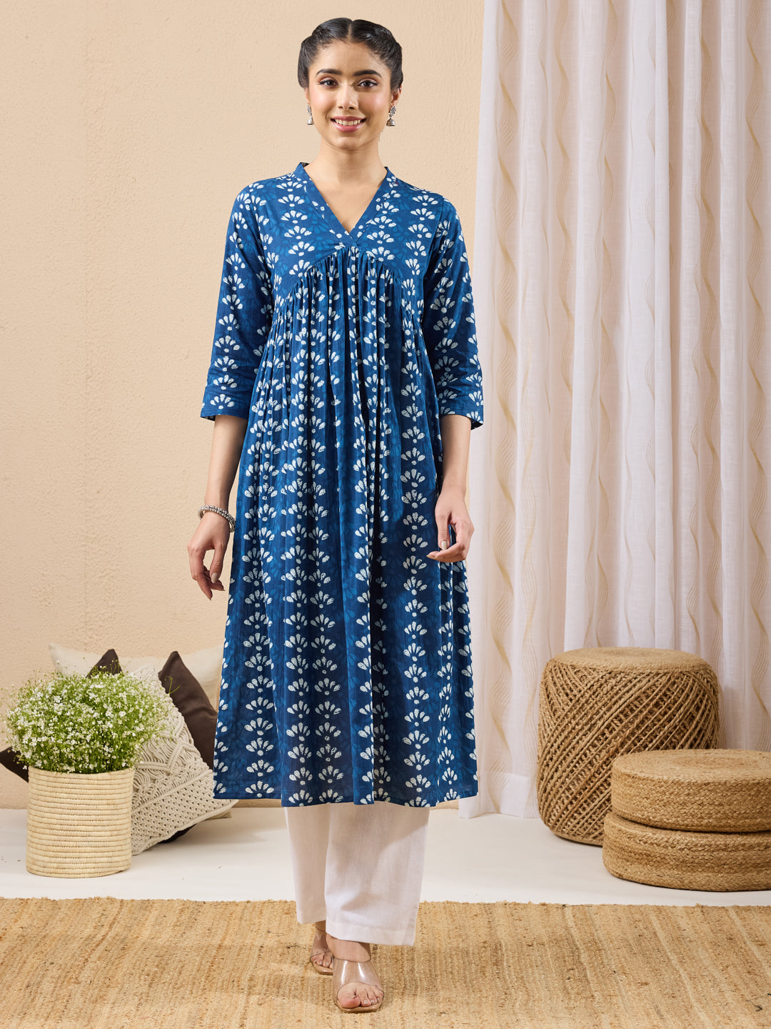 Janasya Women's Blue Pure Cotton Ethnic Motifs Printed Gathered Kurta