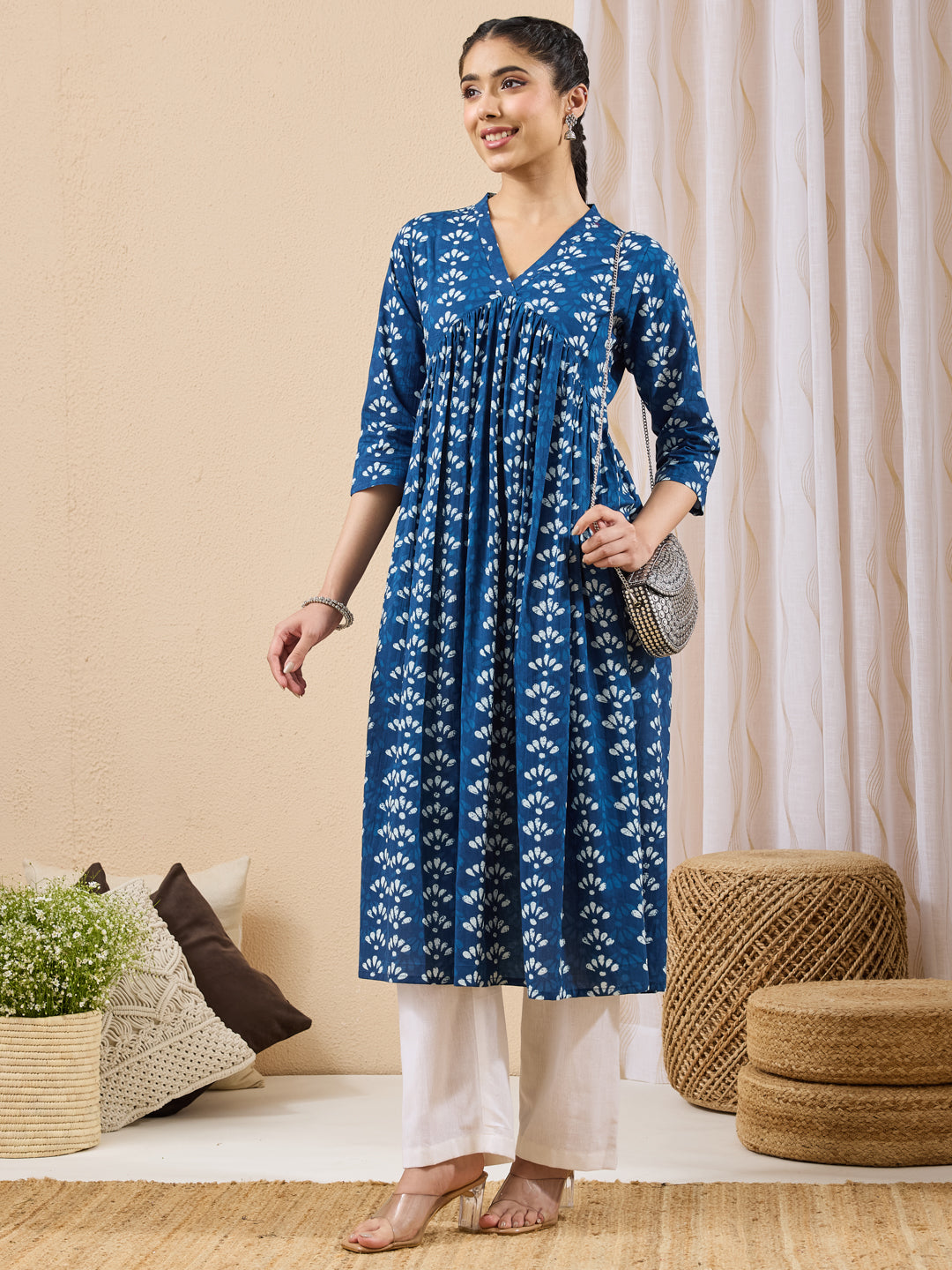Janasya Women's Blue Pure Cotton Ethnic Motifs Printed Gathered Kurta