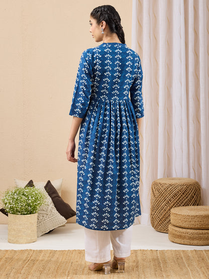 Janasya Women's Blue Pure Cotton Ethnic Motifs Printed Gathered Kurta