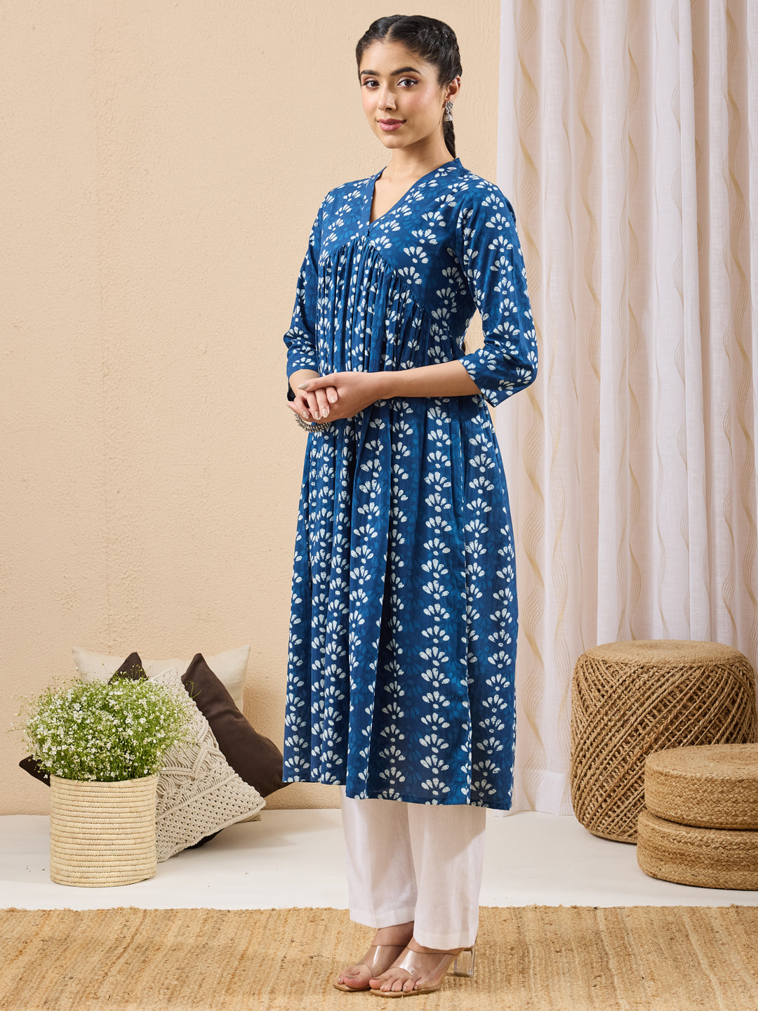 Janasya Women's Blue Pure Cotton Ethnic Motifs Printed Gathered Kurta