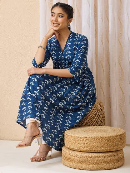 Janasya Women's Blue Pure Cotton Ethnic Motifs Printed Gathered Kurta