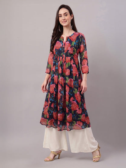 Janasya Women's Multicolor Lurex Chiffon Floral Printed Gathered Kurta