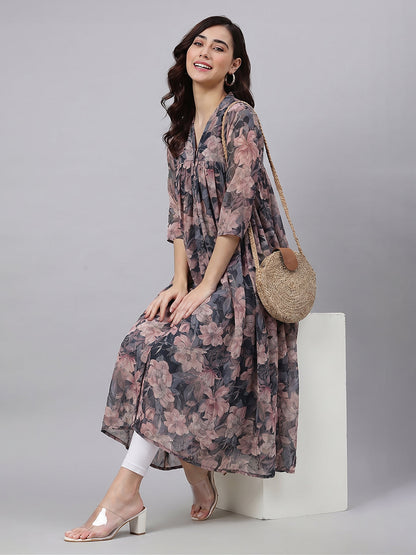 Janasya Women's Multi Color Georgette Floral Printed A-Line Kurta