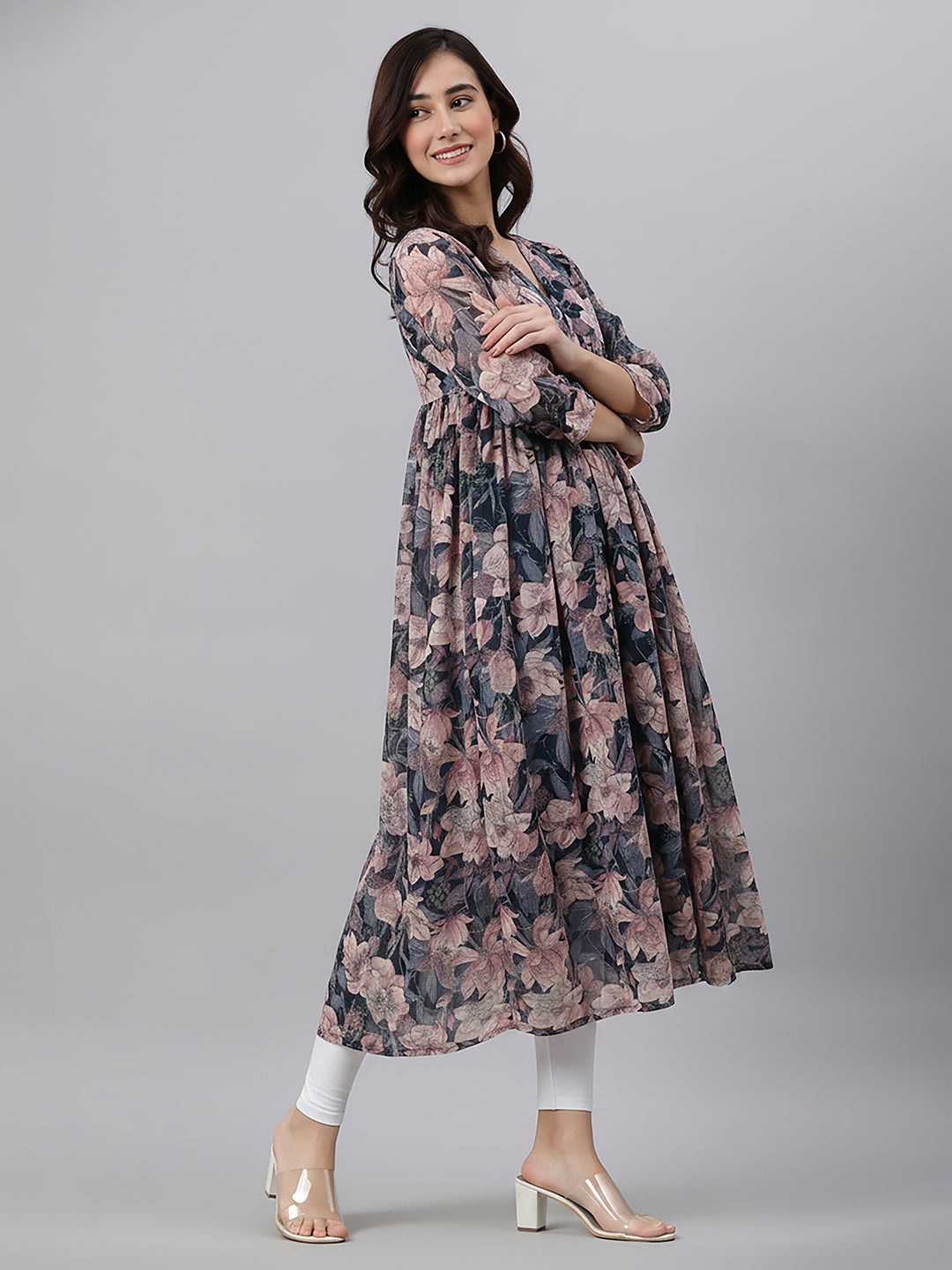 Janasya Women's Multi Color Georgette Floral Printed A-Line Kurta