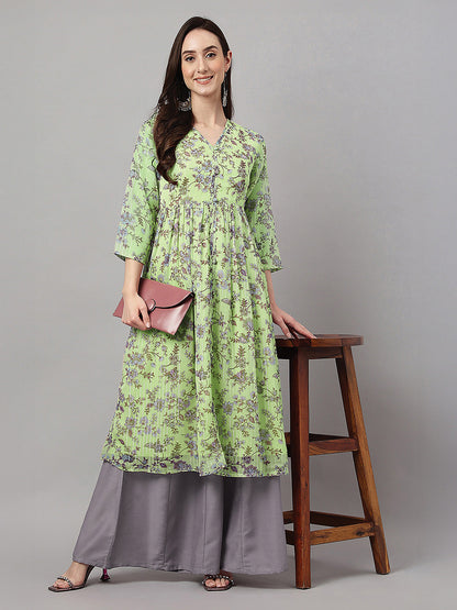 Janasya Women's Lime Green Lurex Chiffon Floral Printed A-Line Kurta