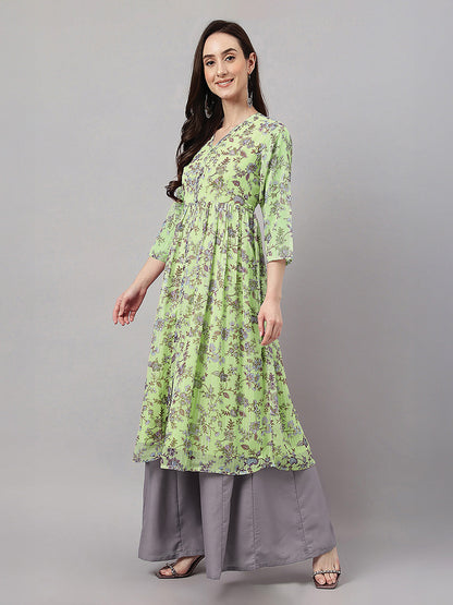 Janasya Women's Lime Green Lurex Chiffon Floral Printed A-Line Kurta